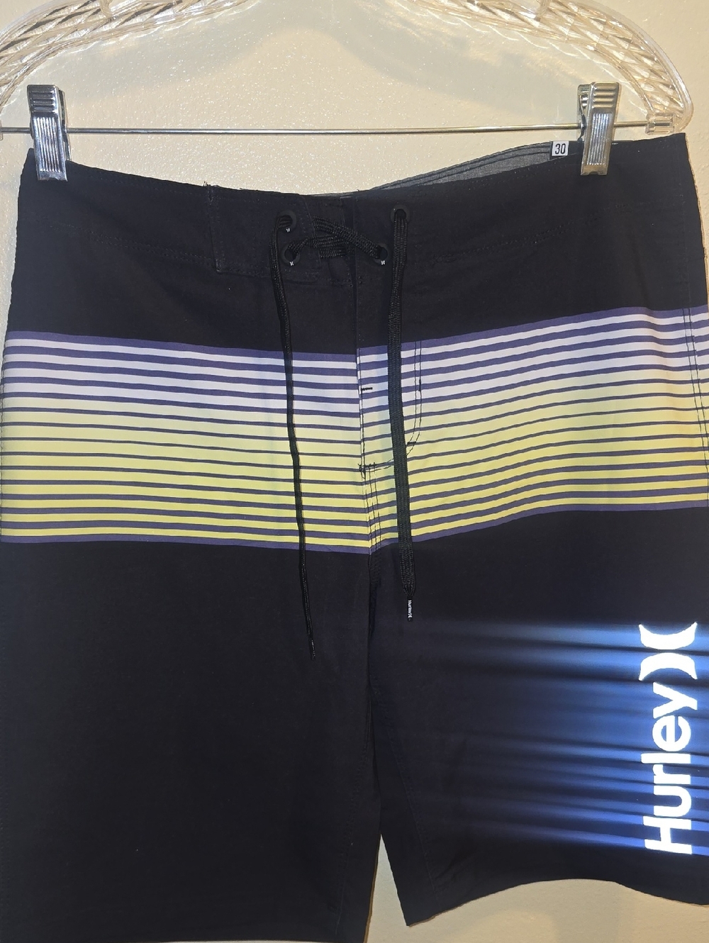 Hurley Black Swim Board Shorts with Yellow and Light Purple Stripes